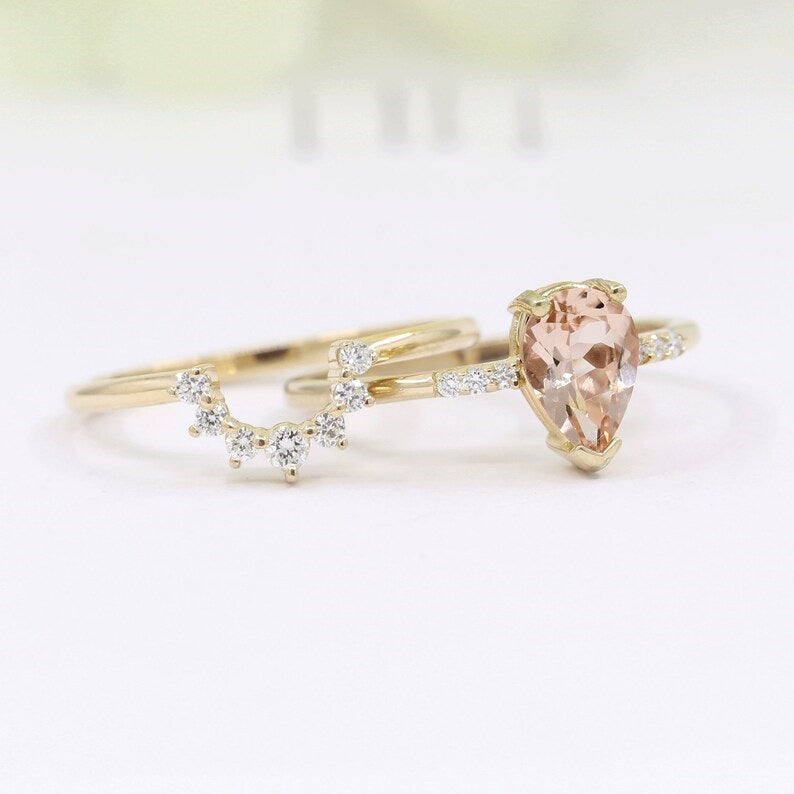 14K PEAR MORGANITE RING DIAMOND CROWN BAND 2 RING SET