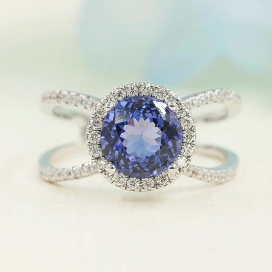 14K TANZANITE DIAMOND HALO DOUBLE BAND RING