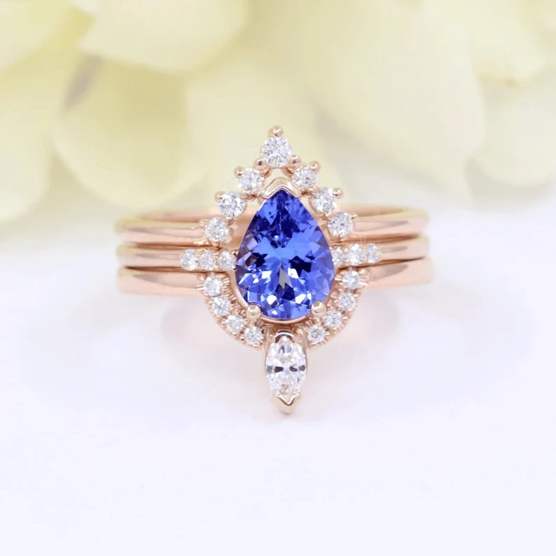 14K PEAR TANZANITE RING DIAMOND V BAND 3 RING SET