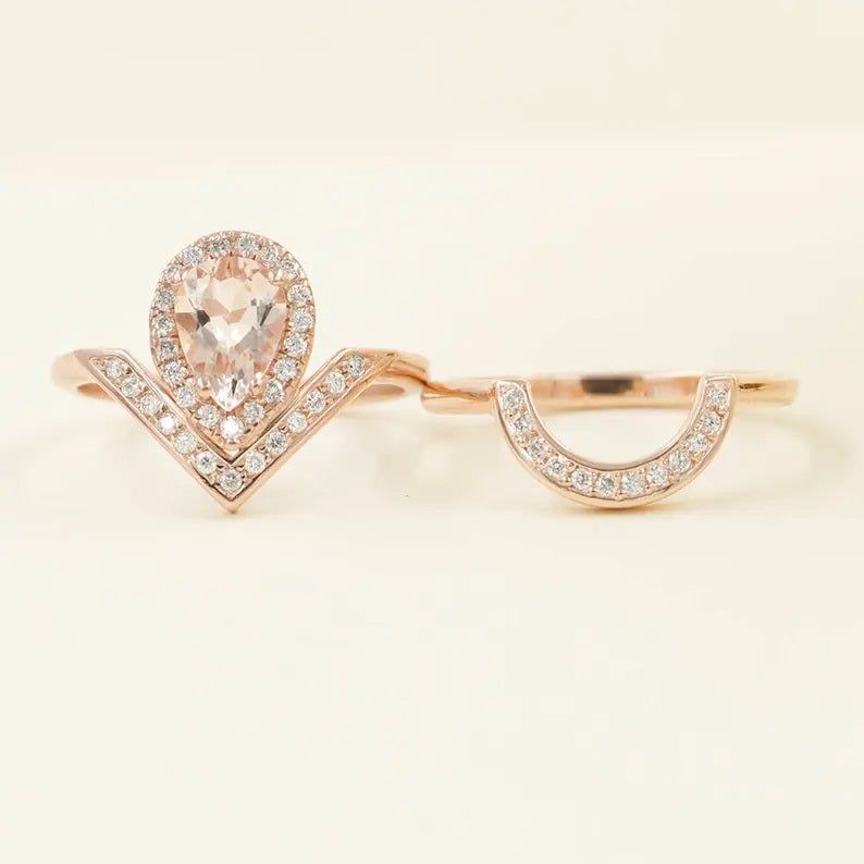 14K PEAR MORGANITE DIAMOND HALO V RING U BAND 2 RING SET