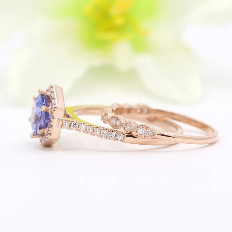 14K TANZANITE DIAMOND HALO HEXAGON RING ART DECO BAND 2 RING SET