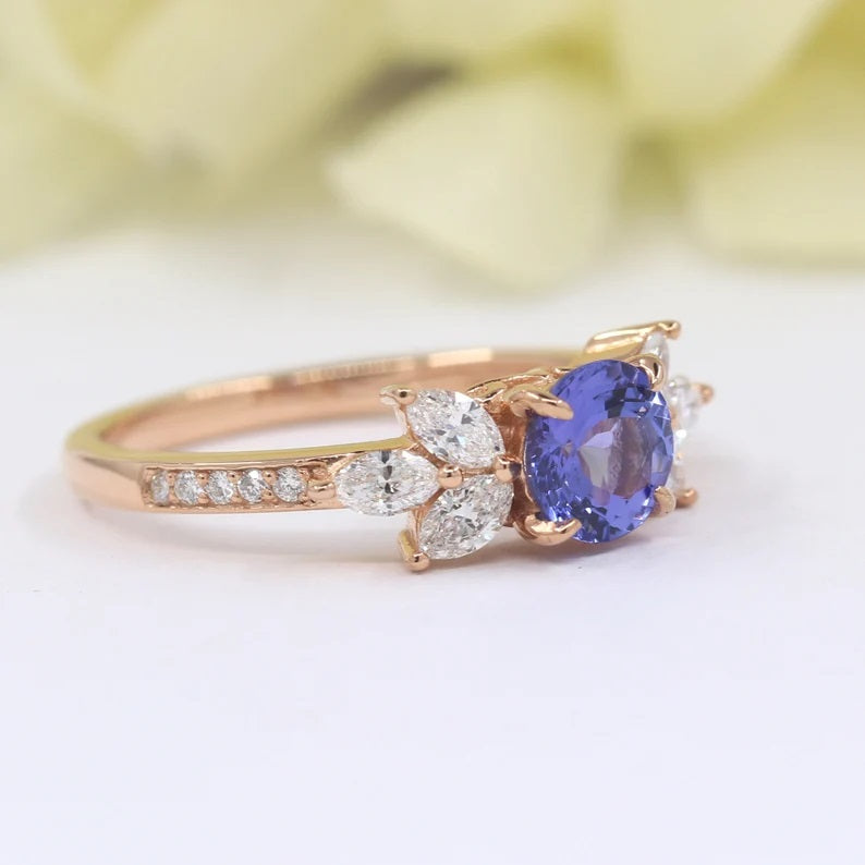 14K TANZANITE MARQUISE DIAMOND CLUSTER RING