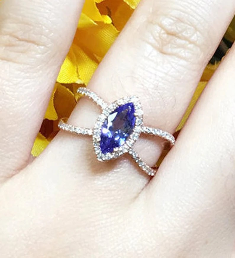 14K MARQUISE TANZANITE DIAMOND HALO DOUBLE BAND RING