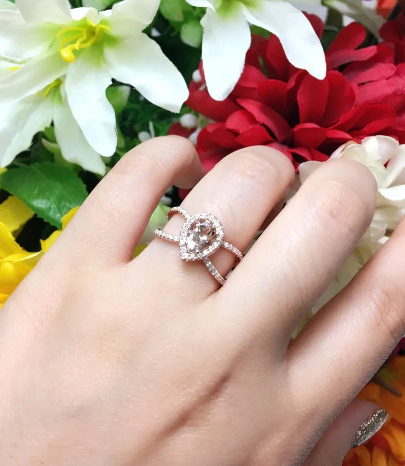 14K PEAR MORGANITE DIAMOND HALO DOUBLE BAND RING