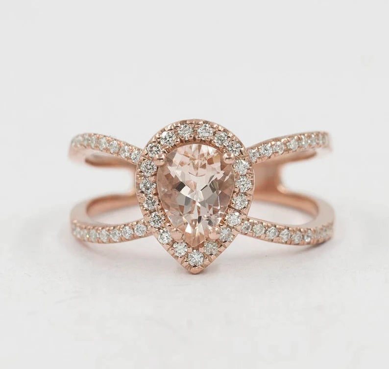 14K PEAR MORGANITE DIAMOND HALO DOUBLE BAND RING