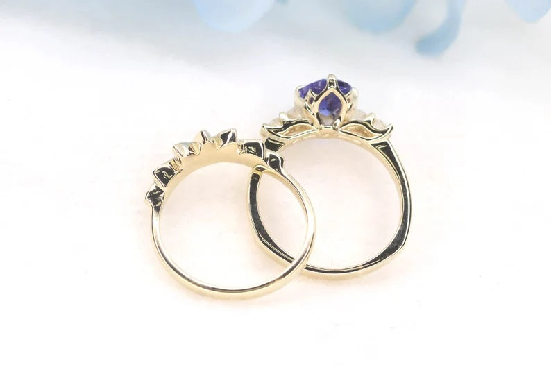 14K OVAL TANZANITE RING MARQUISE CROWN BAND 2 RING SET