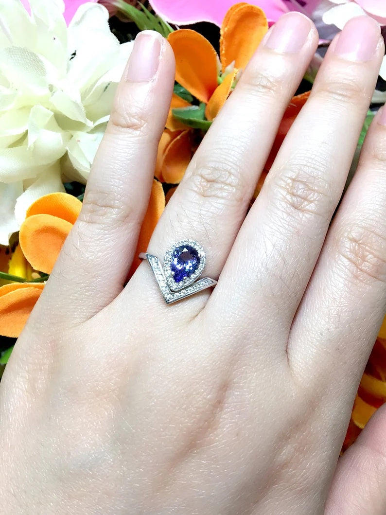 14K PEAR TANZANITE DIAMOND HALO V RING