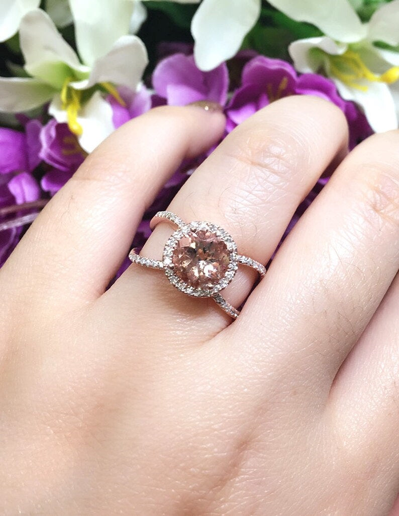 14K MORGANITE DIAMOND HALO DOUBLE BAND RING