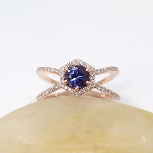 14K TANZANITE DIAMOND HALO HEXAGON RING