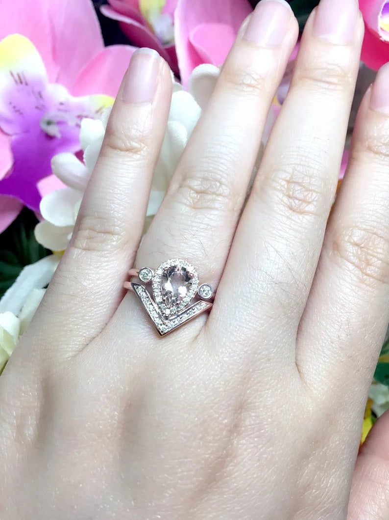 14K PEAR MORGANITE DIAMOND HALO V RING OPEN BAND 2 RING SET