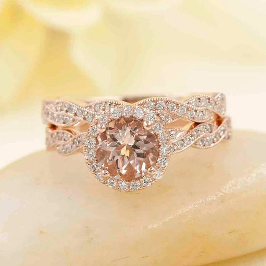 14K MORGANITE DIAMOND HALO RING TWIST BAND 2 RING SET