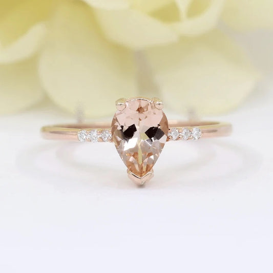 14K PEAR MORGANITE DIAMOND SOLITAIRE RING