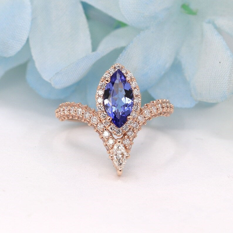 14K MARQUISE TANZANITE DIAMOND HALO CHEVRON RING