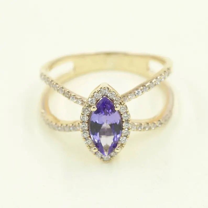 14K MARQUISE TANZANITE DIAMOND HALO DOUBLE BAND RING