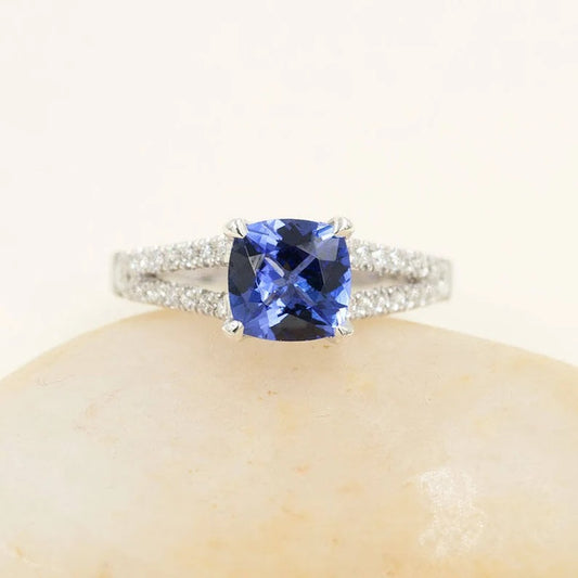 14K CUSHION TANZANITE DIAMOND DOUBLE BAND RING