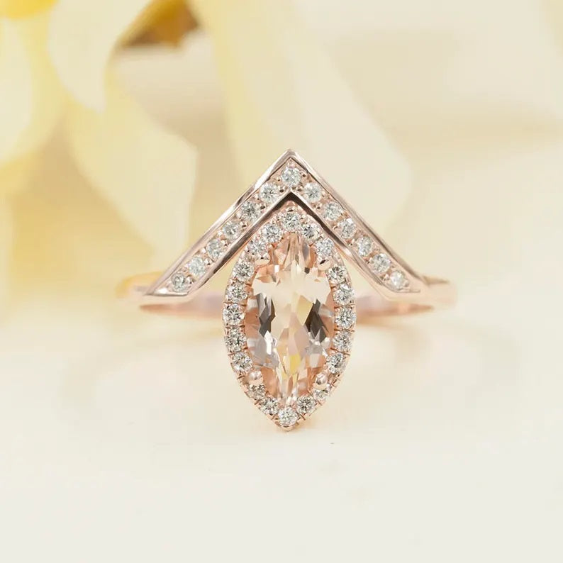 14K MARQUISE MORGANITE DIAMOND HALO V RING