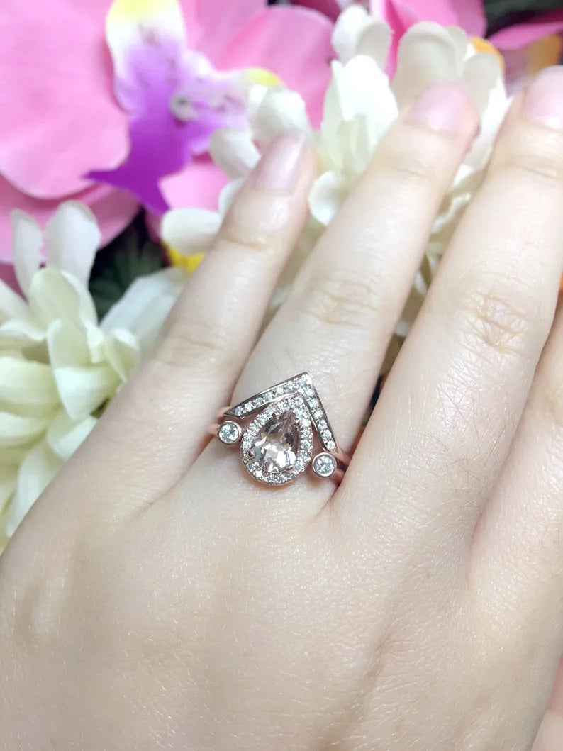 14K PEAR MORGANITE DIAMOND HALO V RING OPEN BAND 2 RING SET