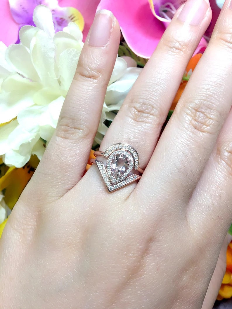 14K PEAR MORGANITE DIAMOND HALO V RING U BAND 2 RING SET