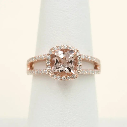 14K CUSHION MORGANITE DIAMOND HALO RING