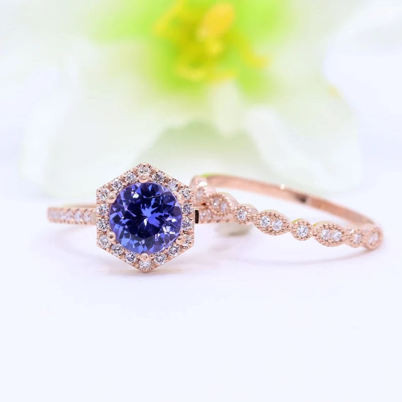 14K TANZANITE DIAMOND HALO HEXAGON RING ART DECO BAND 2 RING SET