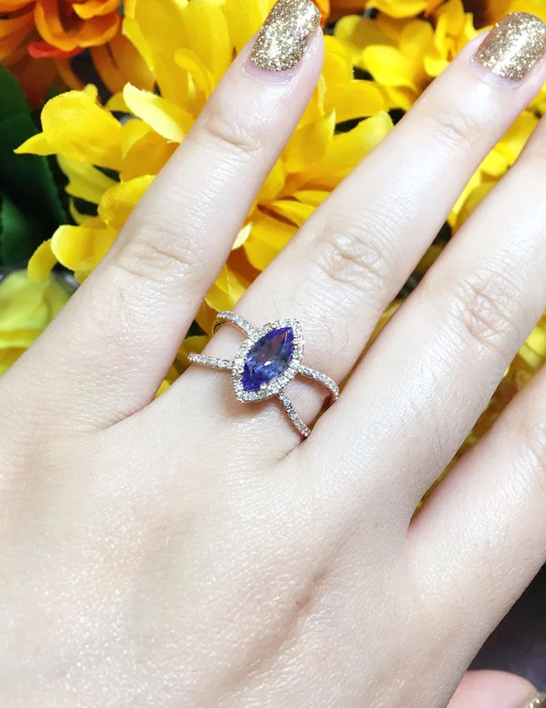 14K MARQUISE TANZANITE DIAMOND HALO DOUBLE BAND RING