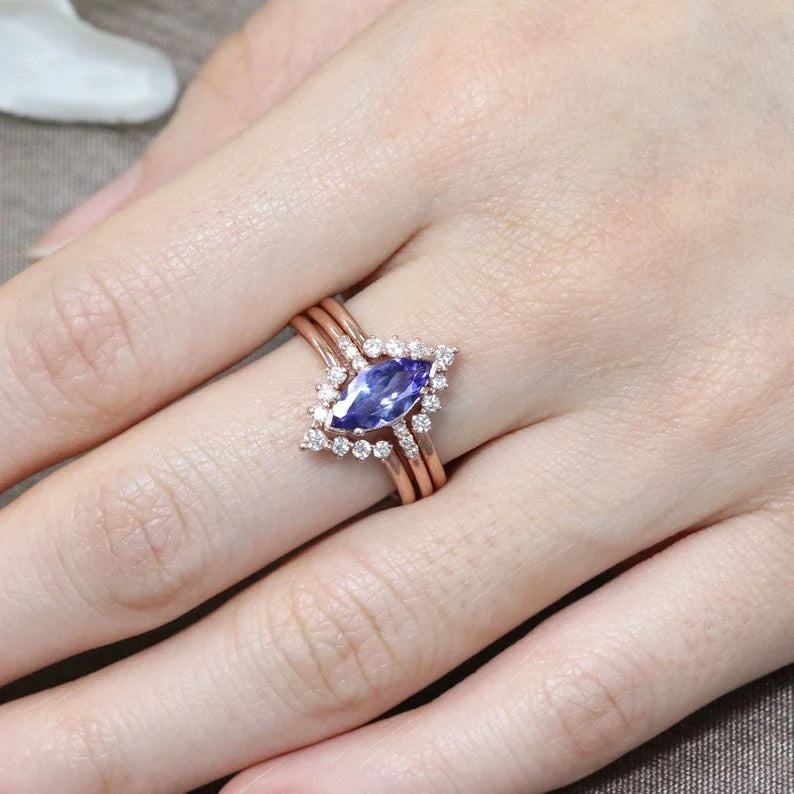 14K MARQUISE TANZANITE RING DIAMOND V BAND 3 RING SET