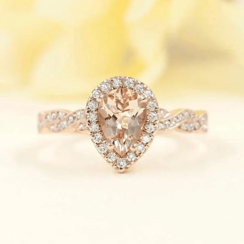 14K PEAR MORGANITE DIAMOND HALO RING TWIST BAND 2 RING SET