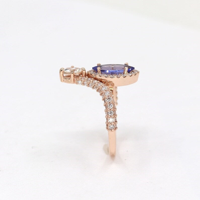 14K MARQUISE TANZANITE DIAMOND HALO CHEVRON RING