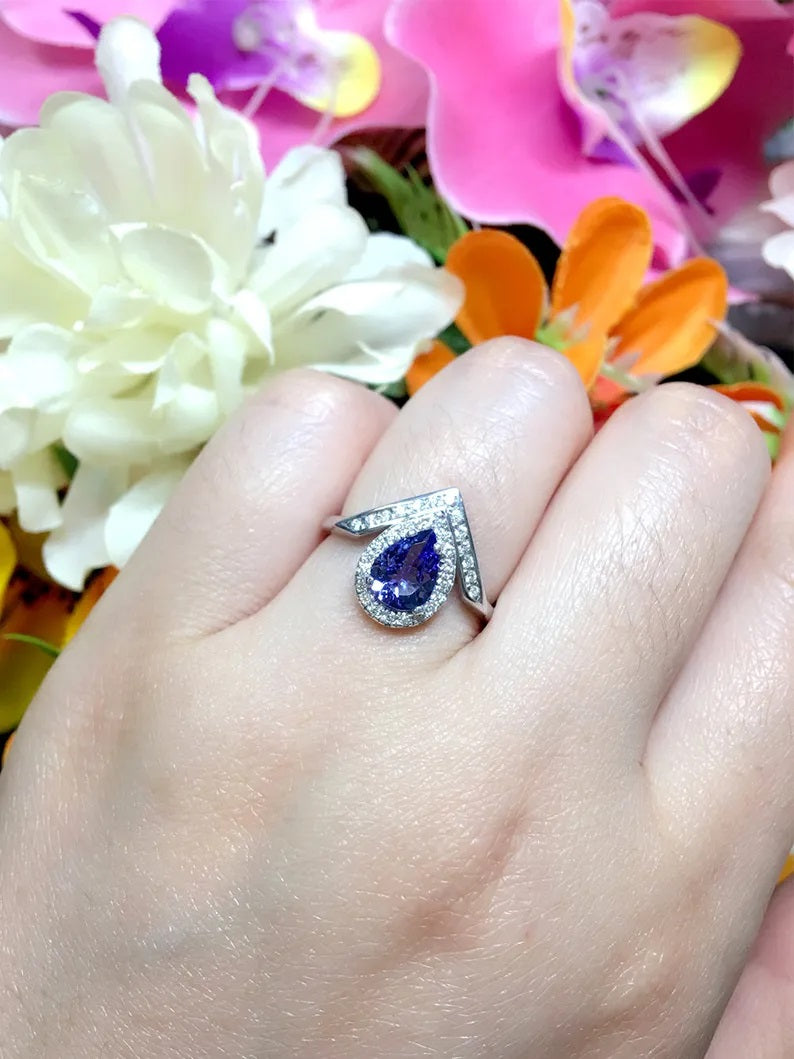 14K PEAR TANZANITE DIAMOND HALO V RING