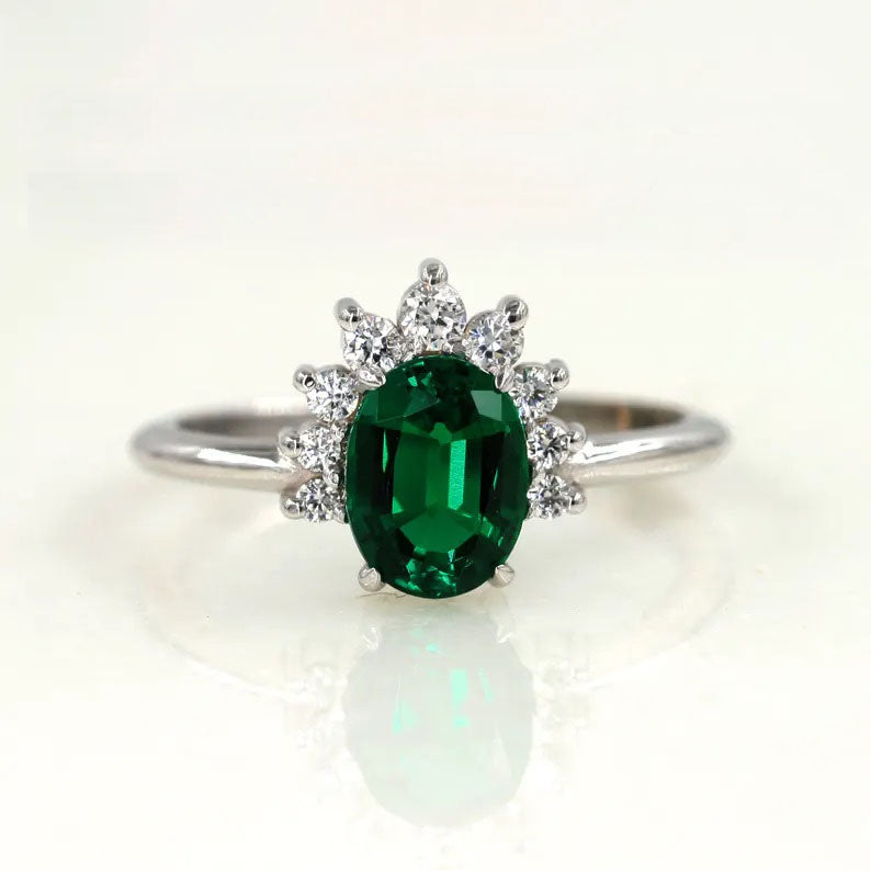 14K LAB EMERALD DIAMOND CROWN RING