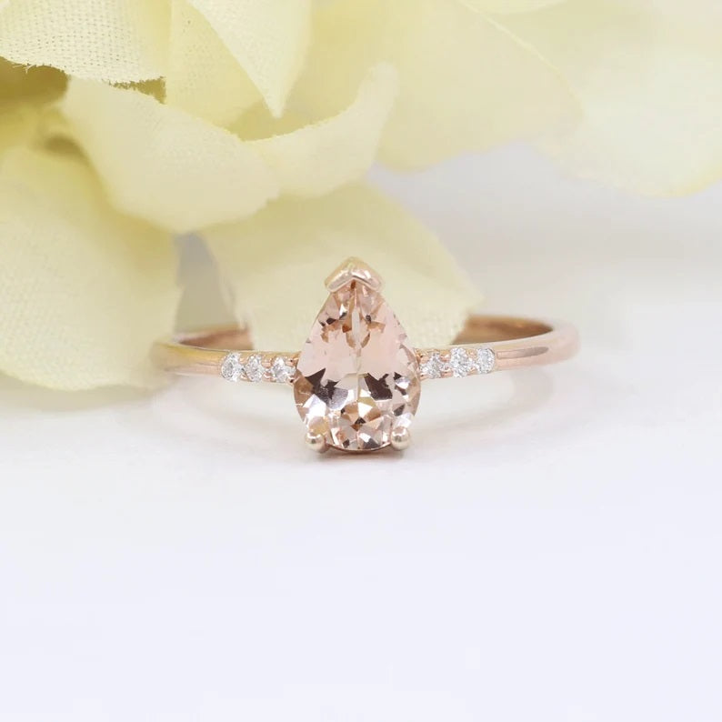 14K PEAR MORGANITE DIAMOND SOLITAIRE RING