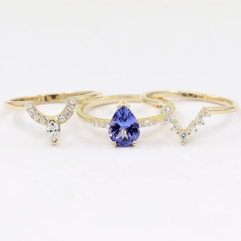 14K PEAR TANZANITE RING DIAMOND V BAND 3 RING SET