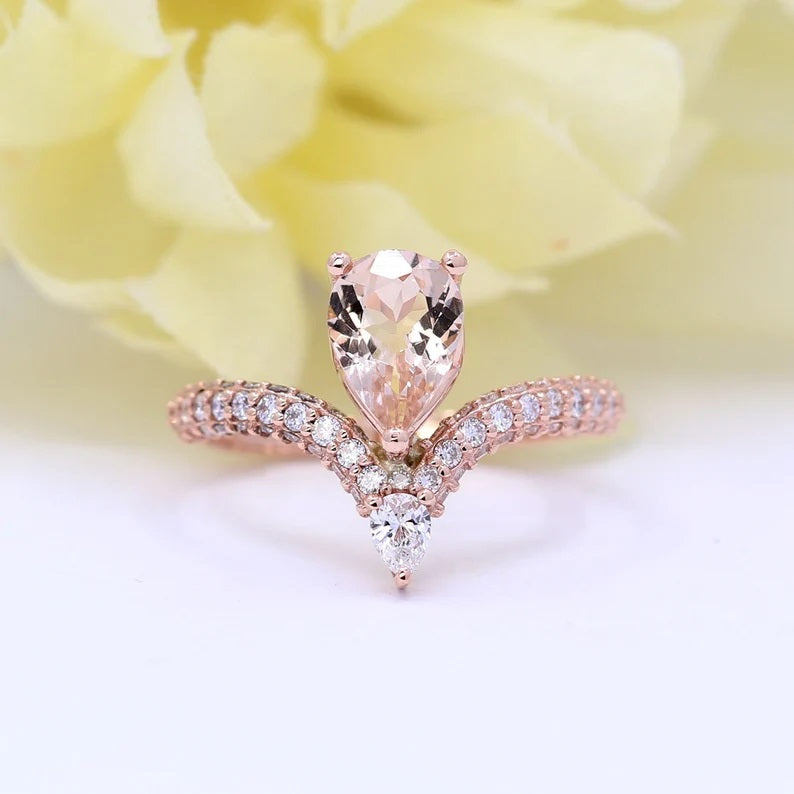 14K PEAR MORGANITE DIAMOND CHEVRON RING