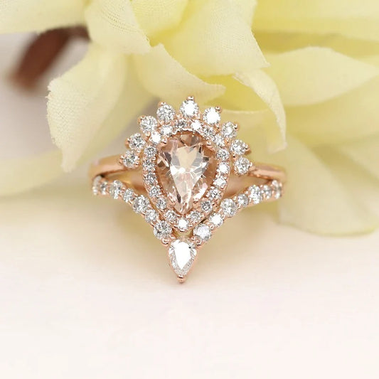 14K PEAR MORGANITE DIAMOND HALO CROWN CHEVRON RING