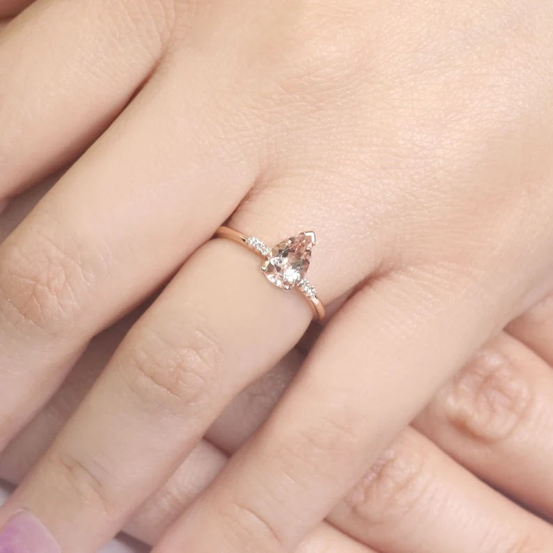 14K PEAR MORGANITE DIAMOND SOLITAIRE RING