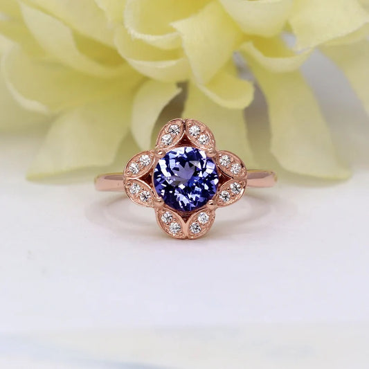 14K TANZANITE DIAMOND FLOWER RING