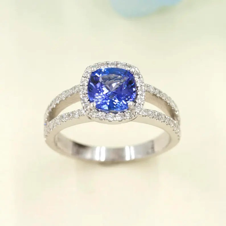 14K CUSHION TANZANITE DIAMOND HALO DOUBLE BAND RING