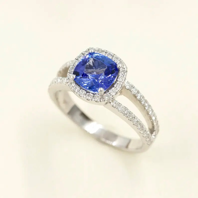 14K CUSHION TANZANITE DIAMOND HALO DOUBLE BAND RING