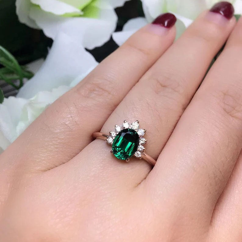 14K LAB EMERALD DIAMOND CROWN RING