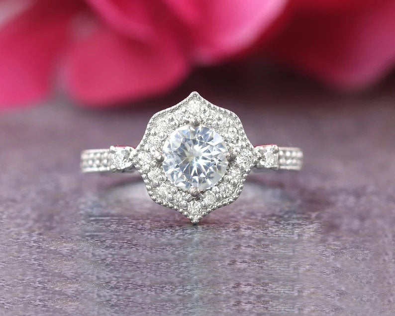 14K WHITE SAPPHIRE DIAMOND FLORAL RING