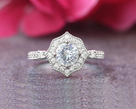 14K WHITE SAPPHIRE DIAMOND FLORAL RING