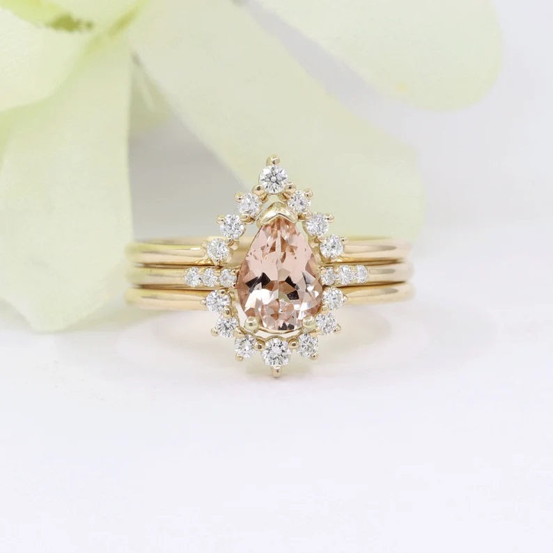 14K PEAR MORGANITE RING DIAMOND BAND 3 RING SET