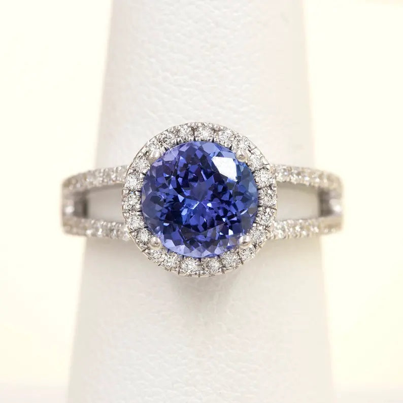 14K TANZANITE DIAMOND HALO DOUBLE BAND RING