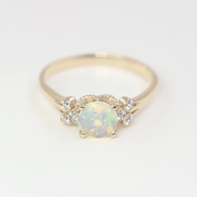 14K DIAMOND CUT ROUND OPAL DIAMOND BEZEL CLUSTER RING