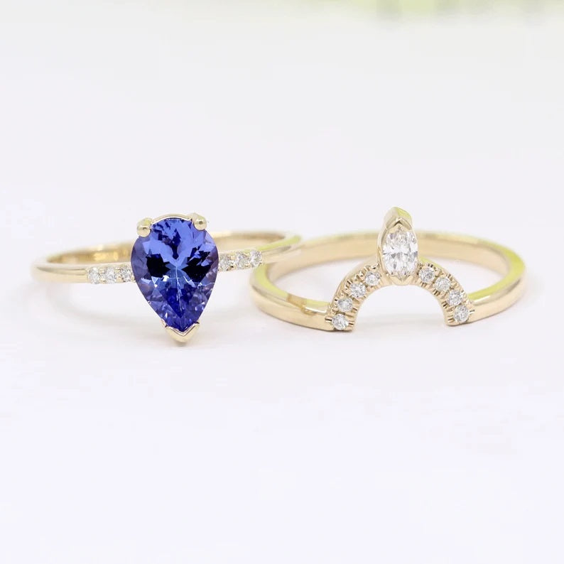 14K PEAR TANZANITE RING MARQUISE DIAMOND CROWN U BAND 2 RING SET