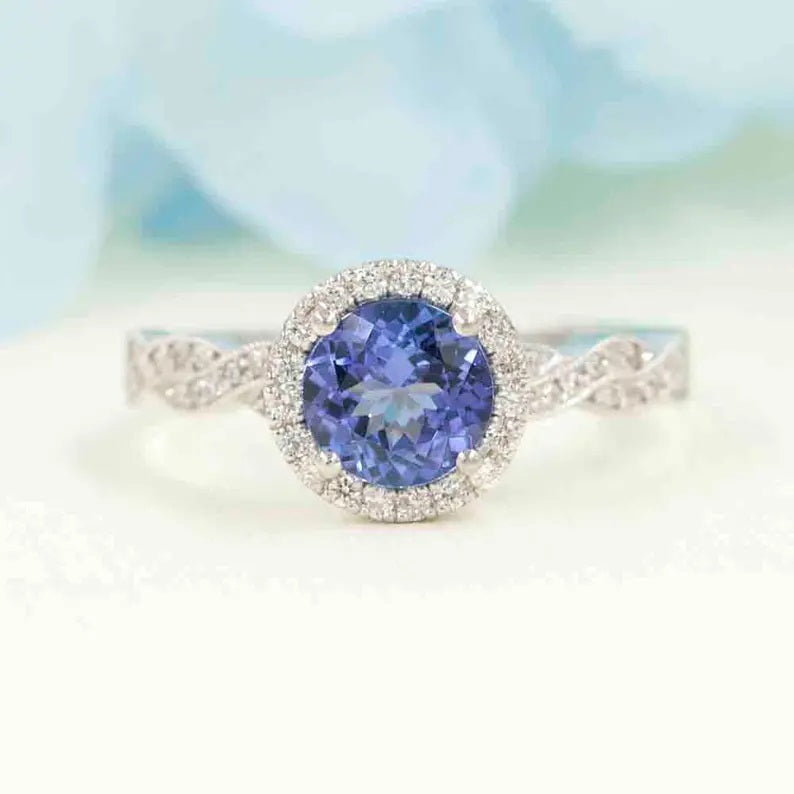 14K TANZANITE DIAMOND HALO RING DIAMOND TWIST BAND 2 RING SET