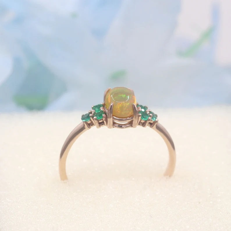 14K OVAL OPAL EMERALD CLUSTER RING