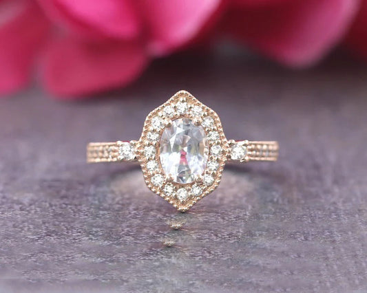 14K WHITE SAPPHIRE DIAMOND HALO VINTAGE STYLE RING