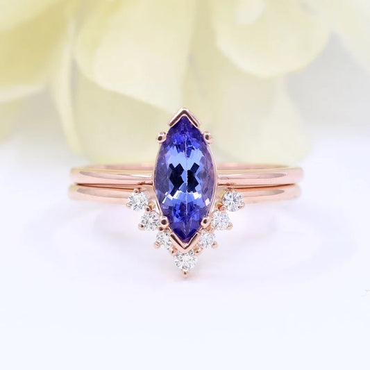 14K MARQUISE TANZANITE RING DIAMOND V BAND 2 RING SET