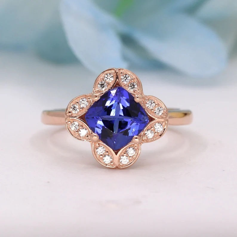 14K CUSHION TANZANITE DIAMOND FLOWER RING